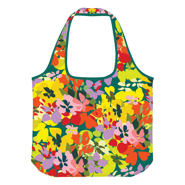 Yellow and green reusable tote with bold floral design, perfect for carrying essentials.