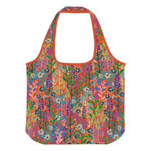Red and orange reusable tote with vibrant floral patterns, ideal for everyday use.
