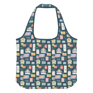 Travel-inspired reusable tote with stamp motifs, perfect for adventurers.