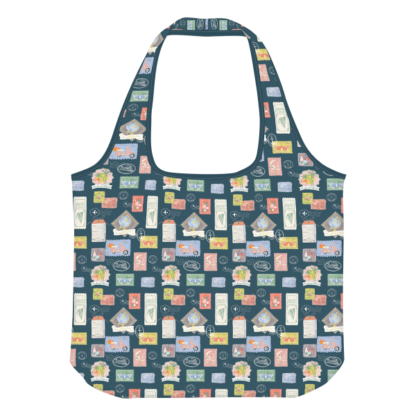 Travel-inspired reusable tote with stamp motifs, perfect for adventurers.