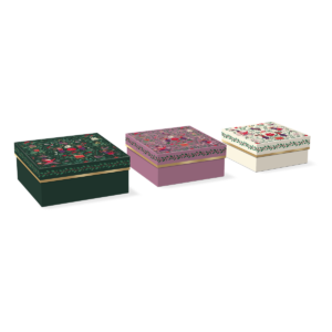 Multi-patterned square box set for holiday storage or decoration, spreading festive cheer.