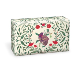 Partridge-themed scented soap bar with festive design, perfect for holiday presents.