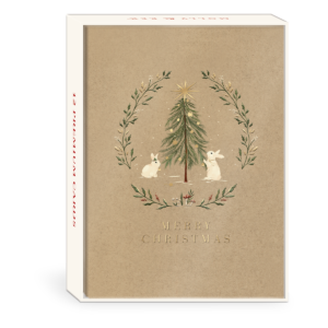 Boxed set of rabbit-themed holiday cards with woodland designs, perfect for festive greetings.