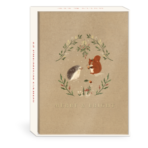 Boxed set of hedgehog-themed holiday cards with woodland motifs, ideal for spreading holiday cheer.