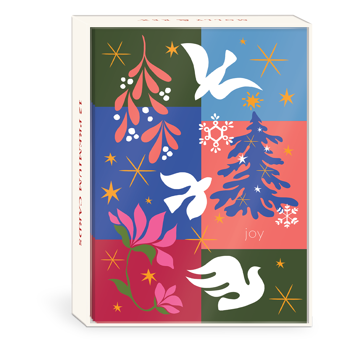 Boxed set of modern multi-themed holiday cards, ideal for festive greetings.