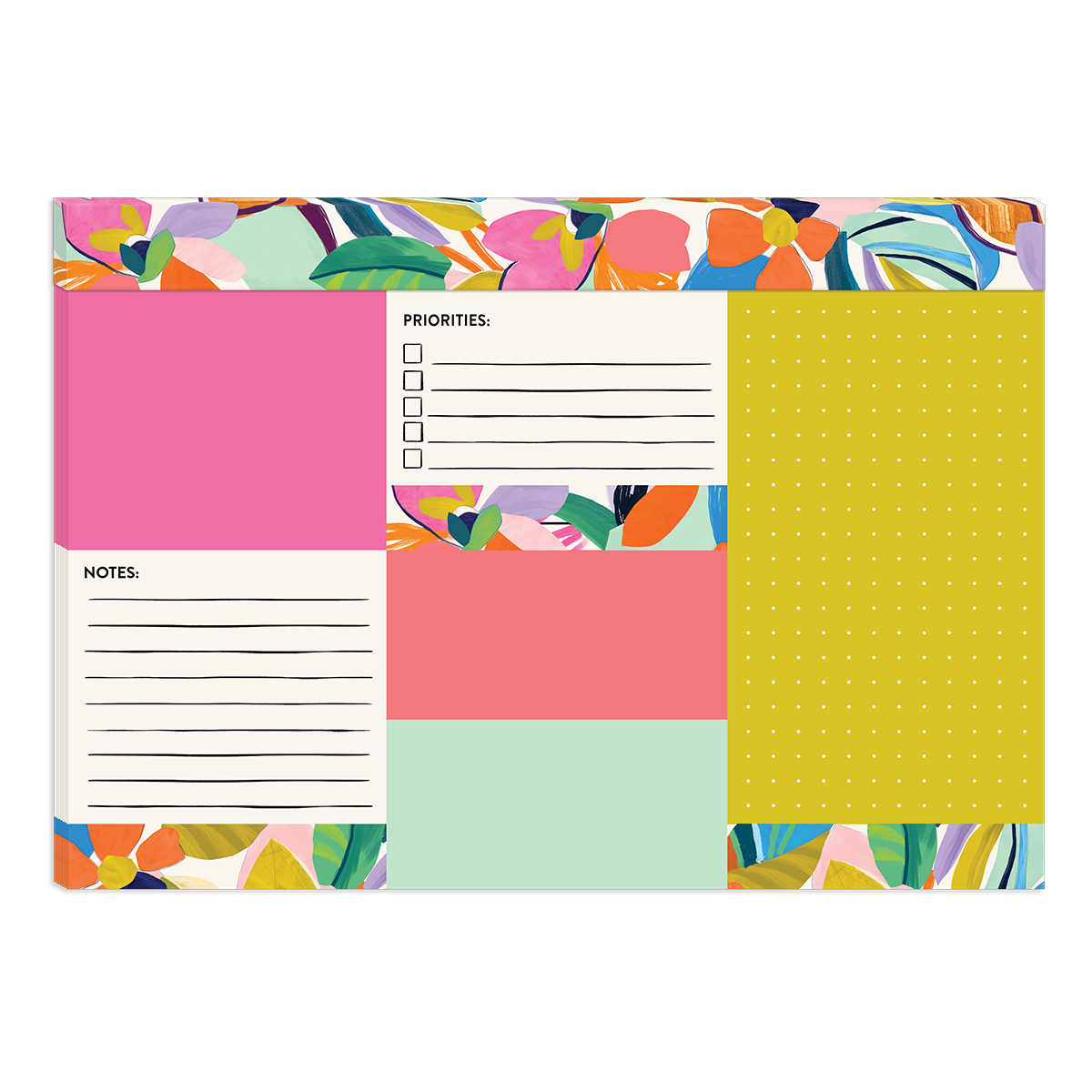 Colorful desk pad with playful patterns, great for notes and lists.