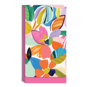 Multi-patterned tall notepad for jotting down ideas and reminders.