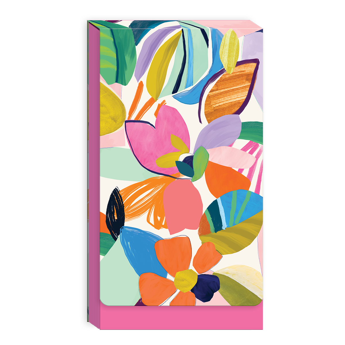 Multi-patterned tall notepad for jotting down ideas and reminders.