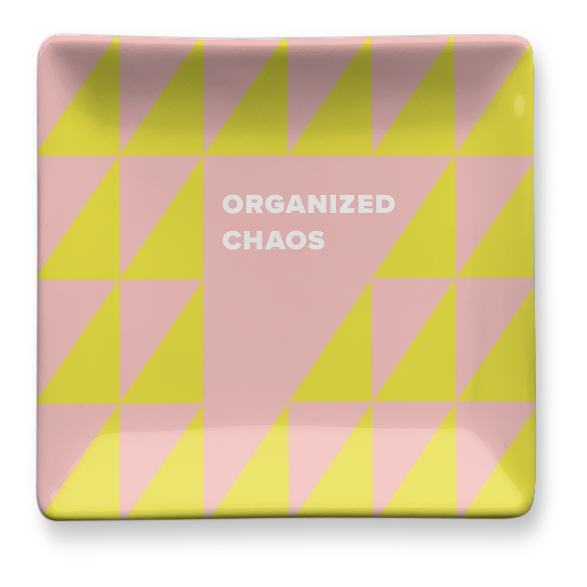 Yellow trinket tray for keeping small items neatly arranged.
