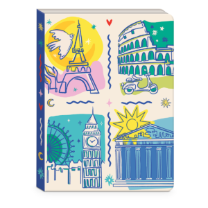 Multi-themed softcover journal for jotting down travel stories and dreams.