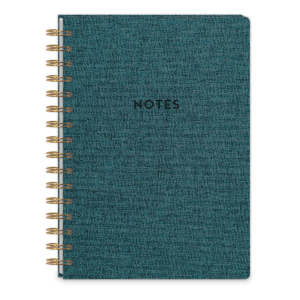 Teal spiral journal for recording thoughts and travel stories.