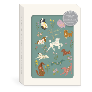 Dog-themed thank-you note cards with playful designs, perfect for thoughtful messages.