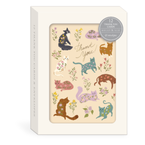 Cat-themed thank-you note cards with colorful designs, great for special messages.