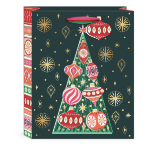 Large gift bag with tree ornament designs and gold foil accents, ideal for holiday presents.