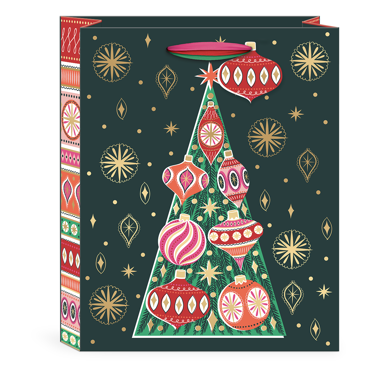 Large gift bag with tree ornament designs and gold foil accents, ideal for holiday presents.