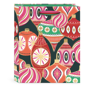 Medium gift bag featuring multi-colored ornament designs, great for festive gifting.