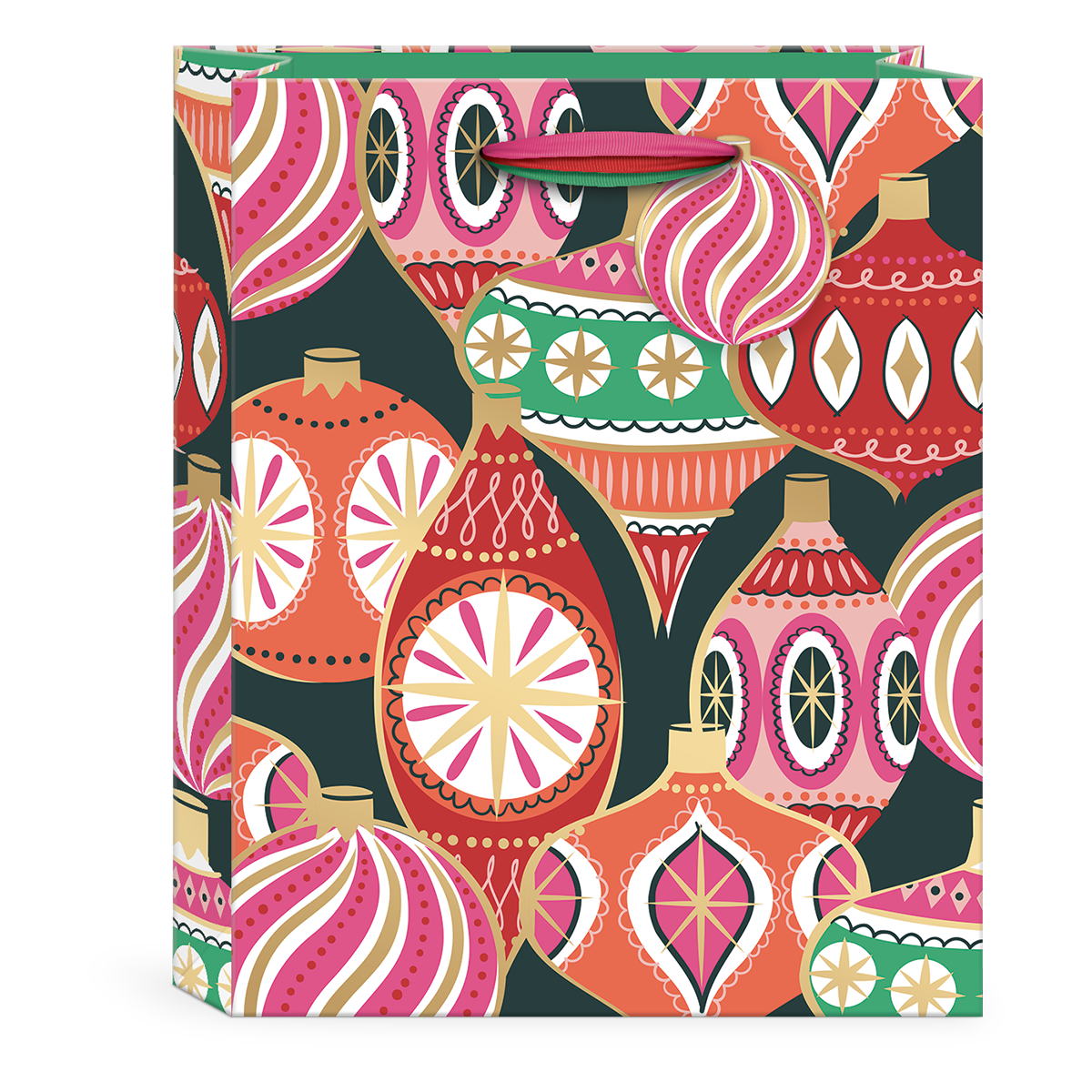 Medium gift bag featuring multi-colored ornament designs, great for festive gifting.