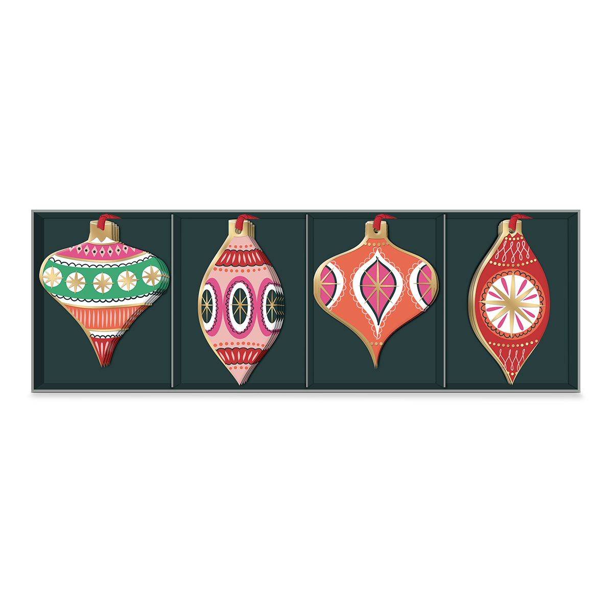 Assorted gift tags with enchanting ornament designs, perfect for holiday presents.
