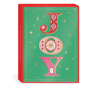 Boxed set of joy-themed holiday cards with gold foil accents, ideal for festive greetings.
