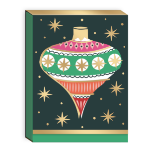 Green pocket notepad with ornament designs, great for holiday notes.
