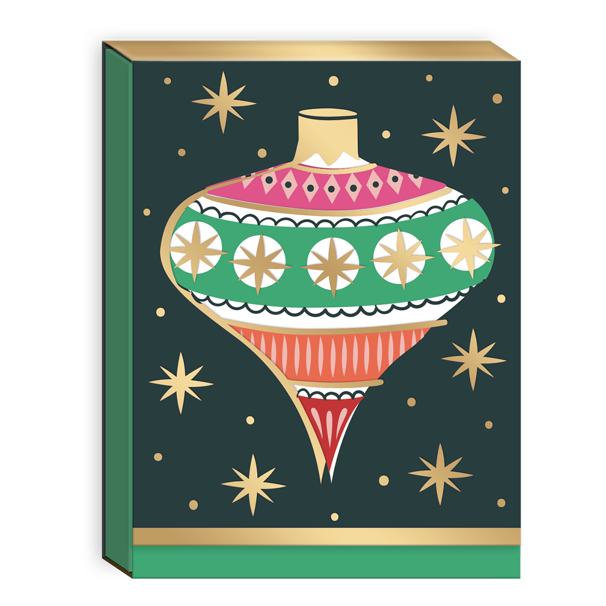 Green pocket notepad with ornament designs, great for holiday notes.
