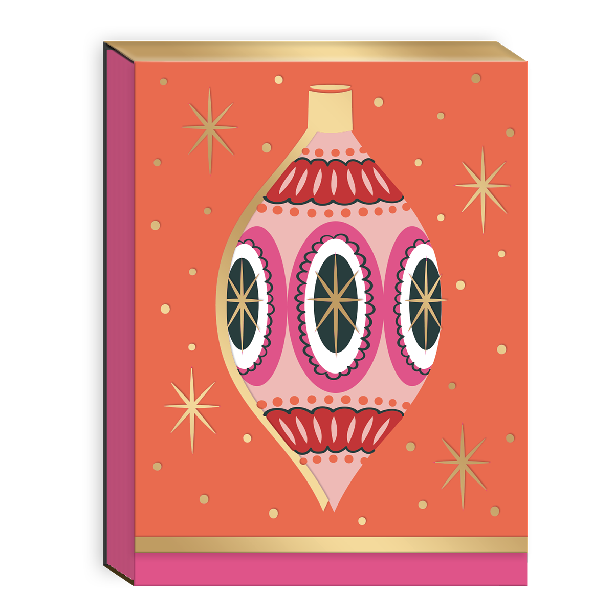 Orange pocket notepad featuring festive ornament motifs, perfect for jotting down reminders.