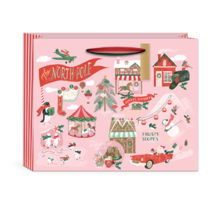 Large gift bag with North Pole designs, featuring gold foil accents and ribbon handles.