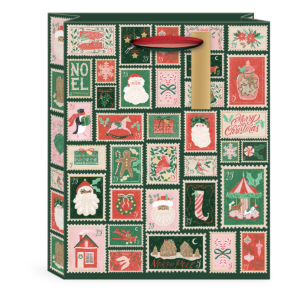 Medium gift bag with stamps-themed designs, perfect for festive presents.