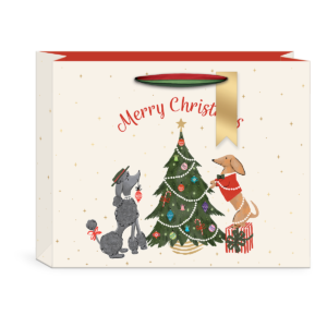 Large gift bag with tree and pet designs, featuring gold foil accents and ribbon handles.