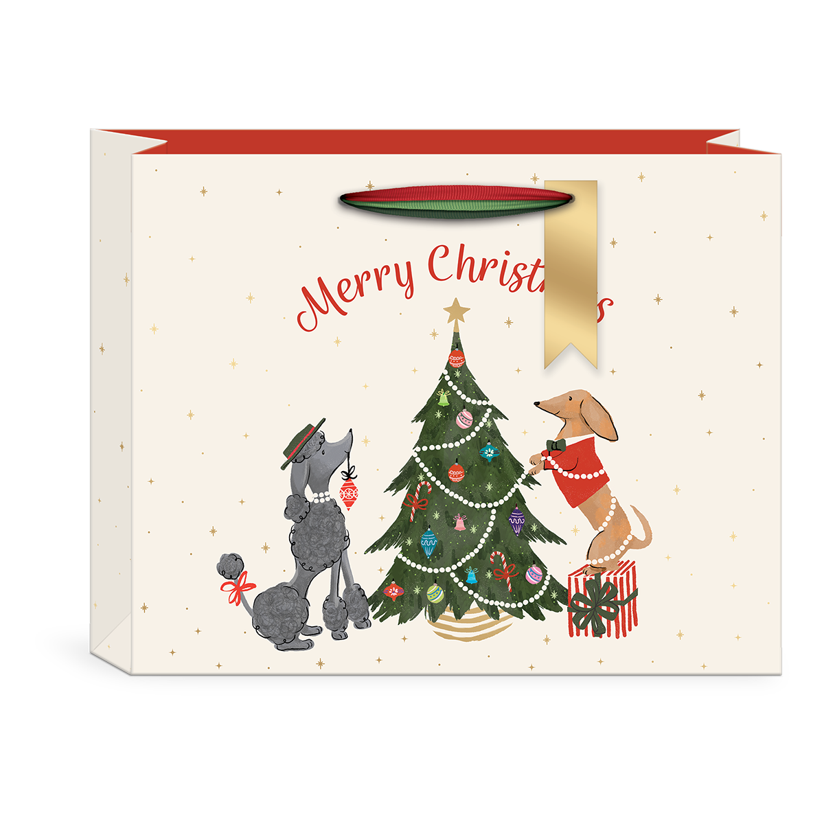 Large gift bag with tree and pet designs, featuring gold foil accents and ribbon handles.