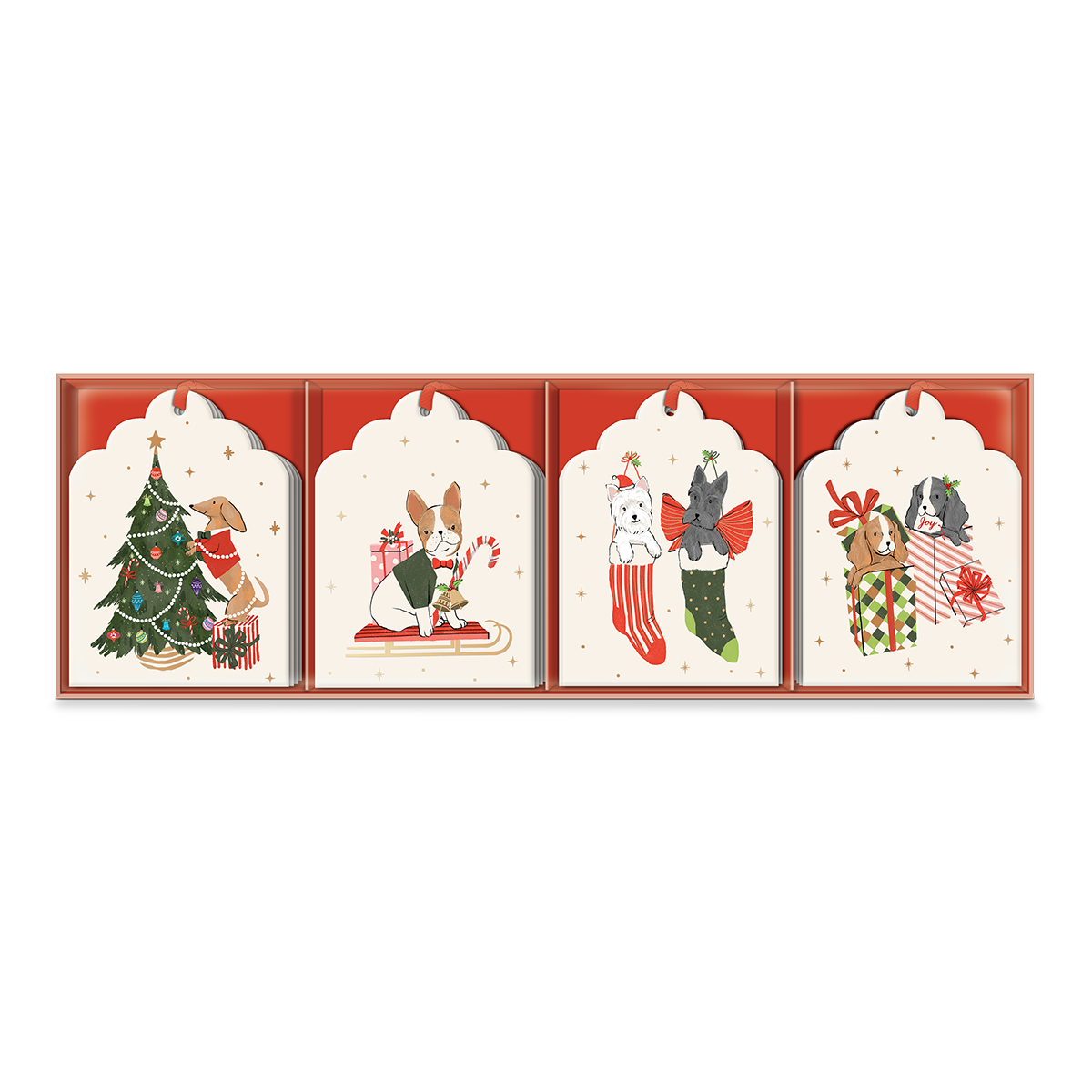 Assorted gift tags with pet-themed designs, ideal for holiday gifting.