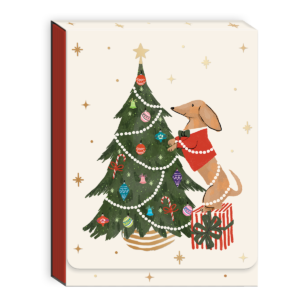 Dachshund-themed pocket notepad with holiday designs, great for festive notes.