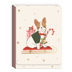 Frenchie-themed pocket notepad featuring festive motifs, ideal for jotting down reminders.