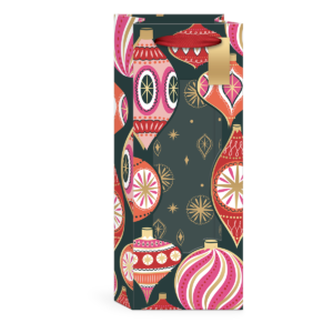Windowed wine bag with ribbon handles and gold foil details, perfect for gifting.