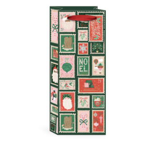 Stamps-themed wine bag with ribbon handles and gold foil details, perfect for gifting.