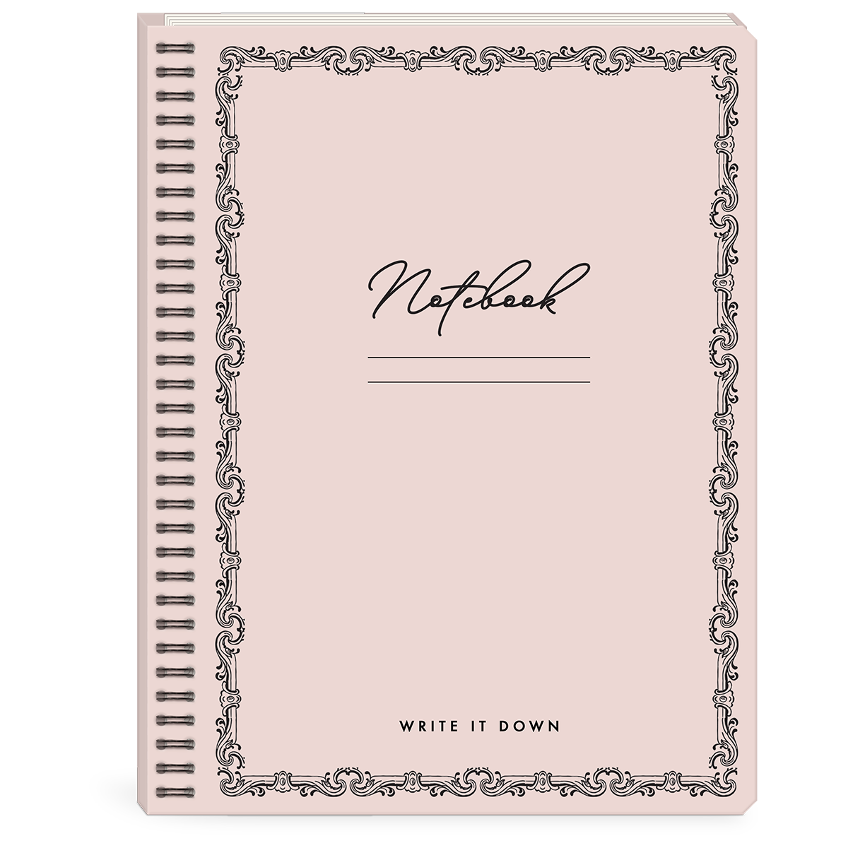 Blush-colored semi-concealed notebook for jotting down thoughts and plans.