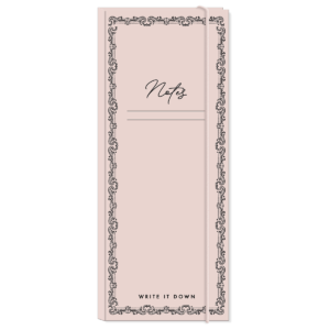 Blush-colored note-folio with notepads and a gold metallic pen, perfect for staying organized.