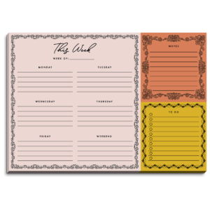 Blush-colored desk pad for organizing notes, lists, and plans.