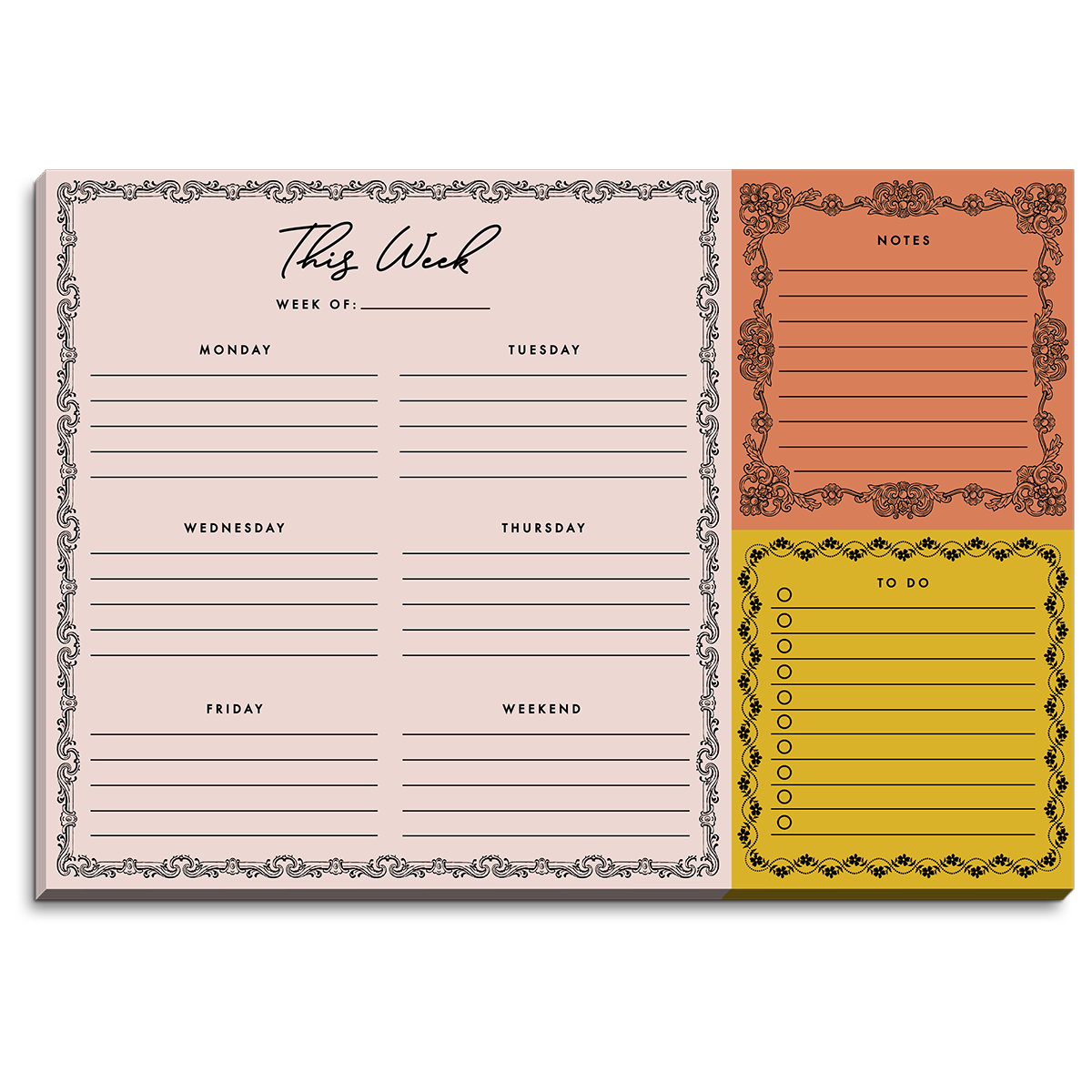 Blush-colored desk pad for organizing notes, lists, and plans.