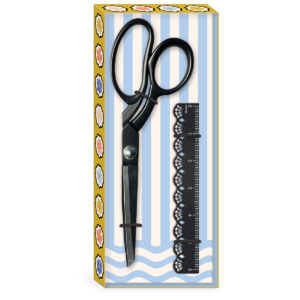 Black scissors and ruler set, beautifully packaged for crafters and professionals.