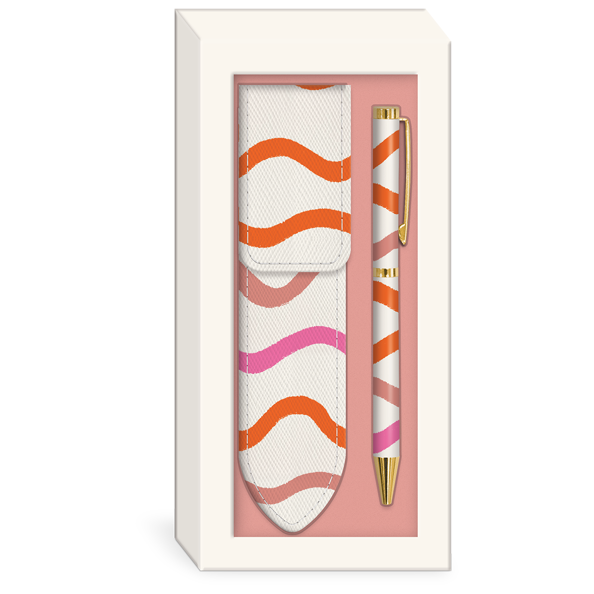 Boxed pen and vegan leather pouch gift set with squiggle designs, ideal for writing enthusiasts.